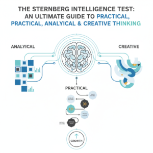 An infographic-style header image depicting abstract representations of practical, analytical, and creative thinking. The design features interconnected cognitive maps, skill charts, and growth pathways, rendered with clean geometric shapes and subtle gradients in soft blues, charcoal, white, and gold/teal accents. It conceptually illustrates the multi-dimensional aspects of intelligence as assessed by the Sternberg Intelligence Test.
