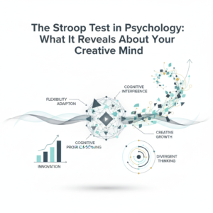 An infographic-style header image featuring abstract, interconnected neural pathways and geometric shapes in soft blues, charcoal, and subtle gold accents. It visually represents cognitive flexibility, the processing of conflicting information (Stroop effect), and the emergence of creative solutions and personal growth. The style is modern, minimalist, and vector-based.