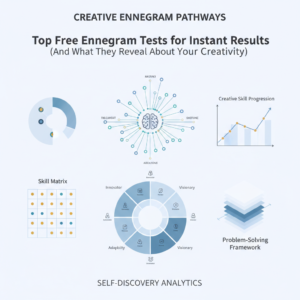 An infographic-style header image for an article titled 'Top Free Enneagram Tests for Instant Results (And What They Reveal About Your Creativity)'. It features an abstract visual representation of interconnected cognitive maps and data networks, symbolizing self-discovery, creativity assessment, and personal growth. The design is modern and minimalist with clean geometric shapes, subtle gradients, and a color palette of soft blues, charcoal, white, and gold accents. No human figures are present, only abstract concepts of data and ideas.