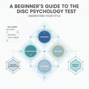 An infographic-style header image illustrating the DISC psychology test. It features abstract interconnected brain maps or a layered framework with geometric shapes and subtle gradients in soft blues, charcoal, and white, with hints of gold or teal. The visual represents different behavioral dimensions and personal growth through understanding one's style, with conceptual labels for Dominance, Influence, Steadiness, and Conscientiousness. No human figures are present.