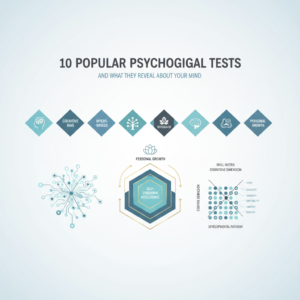 An infographic-style header image titled '10 Popular Psychological Tests and What They Reveal About Your Mind'. It features abstract, interconnected mind network diagrams, cognitive maps, and skill matrices, composed of clean geometric shapes with subtle gradients. The color palette consists of soft blues, charcoal, and white, accented with subtle gold or teal. The minimalist and vector-based design visually represents psychological assessment, self-discovery, and understanding cognitive insights and personal growth through structured visual elements and directional arrows. No human figures are present.