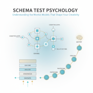 An infographic-style header image titled 'Schema Test Psychology: Understanding the Mental Models That Shape Your Creativity'. It features abstract, interconnected geometric shapes and layered diagrams representing cognitive mental models, idea networks, and pathways for creative assessment and personal growth. The color palette includes soft blues, charcoal, white, and subtle gold or teal accents. No human figures are present, emphasizing conceptual data visualization.