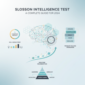 An infographic-style header image titled 'Slosson Intelligence Test: A Complete Guide for 2024', depicting abstract representations of cognitive abilities, intelligence assessment, and intellectual growth. The image features a stylized network of interconnected brain pathways, subtle progress charts, and layered conceptual frameworks, all rendered in a modern, minimalist vector art style. The color palette includes soft blues, charcoal, white, and subtle gold accents, conveying professionalism and clarity.