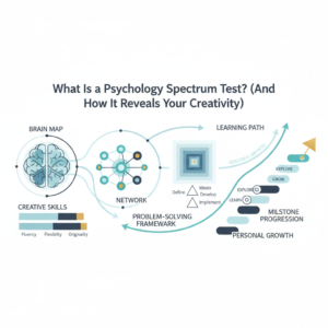 An infographic-style header image titled 'What Is a Psychology Spectrum Test? (And How It Reveals Your Creativity)'. It features a conceptual, data-driven visualization of creativity, assessment, and personal growth. Abstract elements include interconnected mind maps, skill progression charts, layered frameworks, and upward-pointing arrows, all rendered in a modern, minimalist vector style with soft blues, charcoal, white, and subtle gold accents. No human figures are present.
