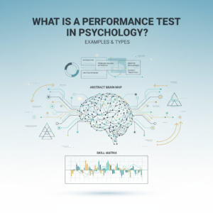 An infographic-style header image titled 'What is a Performance Test in Psychology? (Examples & Types)'. The visual depicts abstract, interconnected geometric shapes and flow diagrams in soft blues, charcoal, white, and gold accents. It represents psychological performance assessment, cognitive skills, and personal growth through conceptual elements like brain maps, skill matrices, and layered problem-solving frameworks. The image is clean, modern, and vector-based, focusing on data-driven concepts without human figures.