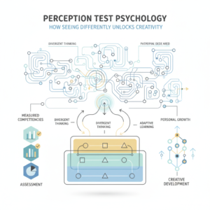 An infographic-style header image with a modern, minimalist design. It features abstract interconnected shapes, branching pathways, and layered diagrams in soft blues, charcoal, white, and subtle gold accents, representing cognitive processes, different perceptions, creative assessment, and personal growth. The image conveys scientific insight and professional guidance through its clean, conceptual visualization.