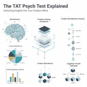 An infographic-style image illustrating concepts of creativity assessment and personal growth, featuring abstract brain maps, idea networks, layered frameworks, and progression charts. The design is modern, vector-based, minimalist, and uses soft blues, charcoal, white, with gold and teal highlights, conveying clarity and insight. No human figures are present.