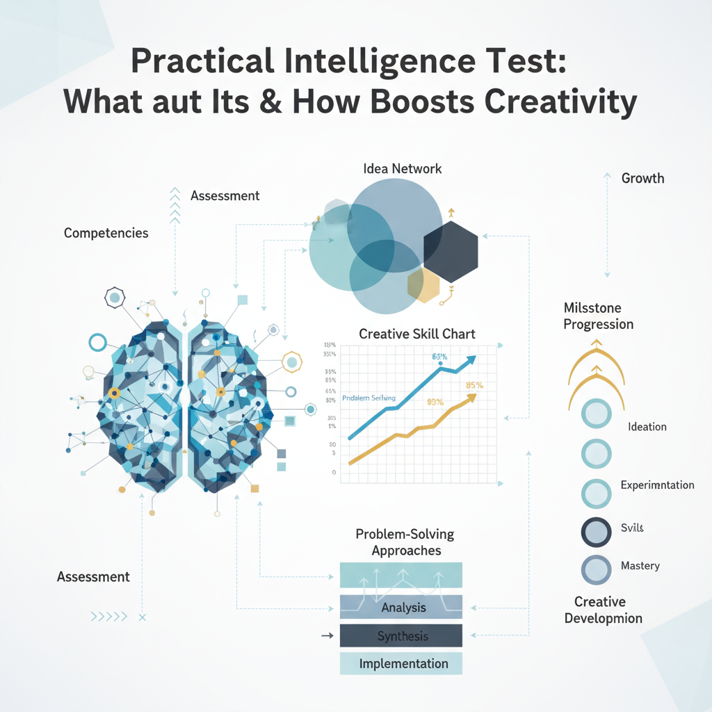 Conceptual infographic for 'Practical Intelligence Test: What It Is & How It Boosts Creativity', featuring a clean, modern design with an abstract network of interconnected nodes representing practical intelligence and creative thinking. The image includes elements such as a stylized brain map, skill progression charts, and layered frameworks with directional arrows, all rendered in a minimalist, vector-based style using soft blues, charcoal, white, and subtle gold highlights. The visual conveys clarity, professionalism, and growth without any human figures, suitable for an insightful and encouraging audience.