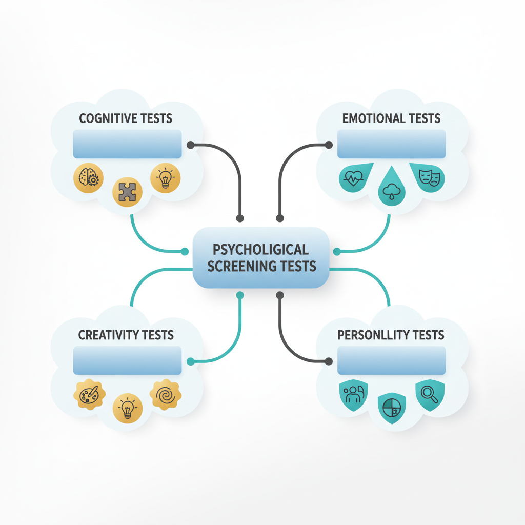 Infographic displaying a mind map of different psychological screening test types, branching from a central concept into various categories like cognitive, emotional, and creativity tests.