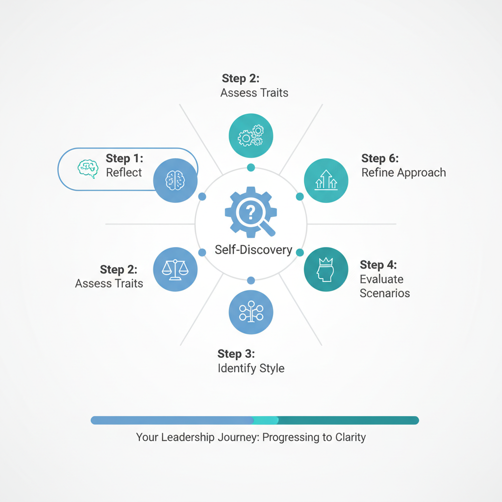 Infographic displaying a stepwise progression or competency graph for self-discovery of leadership style, using geometric shapes and blue, white, charcoal, and teal colors.
