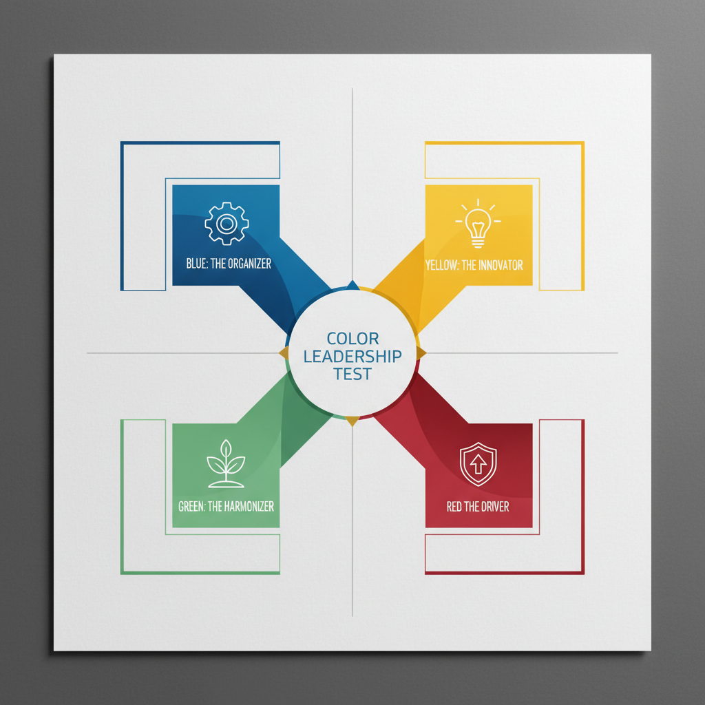 Infographic illustrating a color leadership style test, with a central hub branching out to four distinct color segments, each representing a leadership characteristic using abstract icons and geometric shapes.