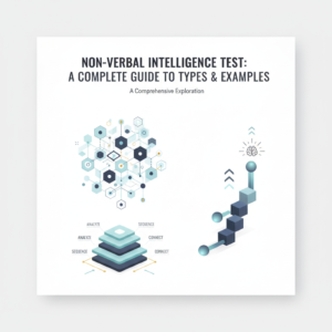 Infographic-style header image depicting abstract concepts of non-verbal intelligence, featuring interconnected cognitive maps, geometric patterns, logical flow diagrams, and a clear progression path, rendered in soft blues, charcoal, and subtle gold/teal accents.