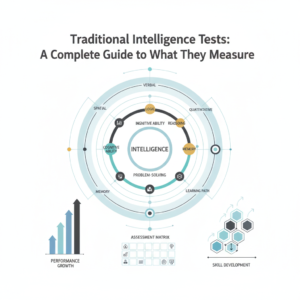 Infographic-style header image depicting abstract representations of intelligence. It features interconnected cognitive maps, data visualizations, and structured frameworks with geometric shapes and subtle gradients in soft blues, charcoal, white, and gold/teal highlights. The visual represents the measurement and understanding of traditional intelligence tests and cognitive abilities, conveying a sense of clarity, scientific insight, and personal growth. No human figures are present.