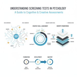Infographic-style header image for an article on psychological screening tests. It features abstract, non-human representations of cognitive processes and creative assessment, including interconnected mind maps, skill charts, layered frameworks for problem-solving, and milestone progression visuals for personal growth. Designed with clean vector graphics, geometric shapes, and subtle gradients in soft blues, charcoal, white, and gold/teal accents, conveying a modern, data-driven, and sophisticated feel.