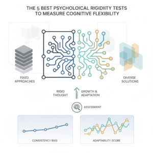 Infographic-style header image for an article on psychological rigidity tests. It depicts abstract concepts of cognitive flexibility and mental pathways, with interconnected nodes and directional arrows, illustrating assessment and growth in thinking patterns, in a modern, clean design with blues, charcoal, and gold accents.