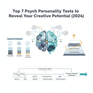 Infographic-style header image for an article titled 'Top 7 Psych Personality Tests to Reveal Your Creative Potential (2024)'. The image depicts abstract conceptual visualizations of creativity, assessment, and personal growth through interconnected brain maps, idea networks, skill matrices, and layered progression frameworks, rendered in a modern, minimalist style with soft blues, charcoal, white, and subtle gold/teal accents.