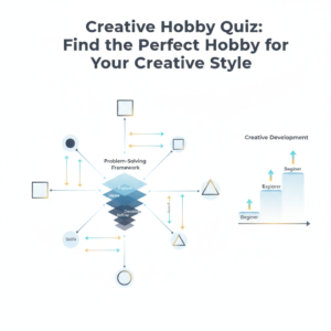 Infographic-style header image for 'Creative Hobby Quiz: Find the Perfect Hobby for Your Creative Style'. It features abstract, non-human visual elements like interconnected idea networks and layered progression charts, symbolizing creativity assessment, personal growth, and self-discovery. The design is modern, minimalist, and uses soft blues, charcoal, white, and subtle gold/teal accents to convey intelligence and clarity.