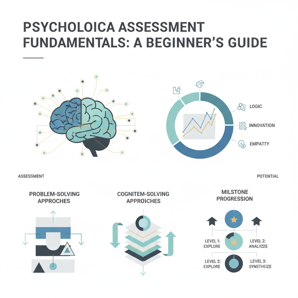 Infographic-style header image for 'Psychological Assessment Fundamentals: A Beginner's Guide'. It features an abstract, conceptual, and data-driven visualization representing creativity, assessment, and personal growth. Elements include intertwined cognitive maps, mind network diagrams, creative skill charts with performance graphs, layered frameworks for problem-solving, and milestone progression visuals with directional arrows. The style is modern, vector-based, minimalist, and premium, using clean geometric shapes, subtle gradients, and a palette of soft blues, charcoal, white, with gold and teal highlights. No human figures or cartoon elements, emphasizing clarity and professionalism with ample negative space.