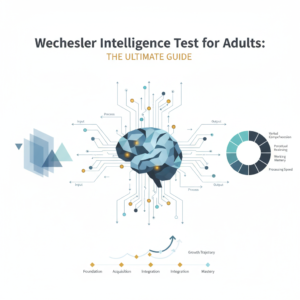 Infographic-style header image for 'Wechsler Intelligence Test for Adults: The Ultimate Guide'. Features abstract brain maps, a network diagram illustrating cognitive processing, charts showing intelligence competencies and scores, and layered frameworks for problem-solving. Uses clean geometric shapes, soft blues, charcoal, white, and gold/teal accents in a modern, minimalist vector art style, conveying intelligence, assessment, and growth without human figures.