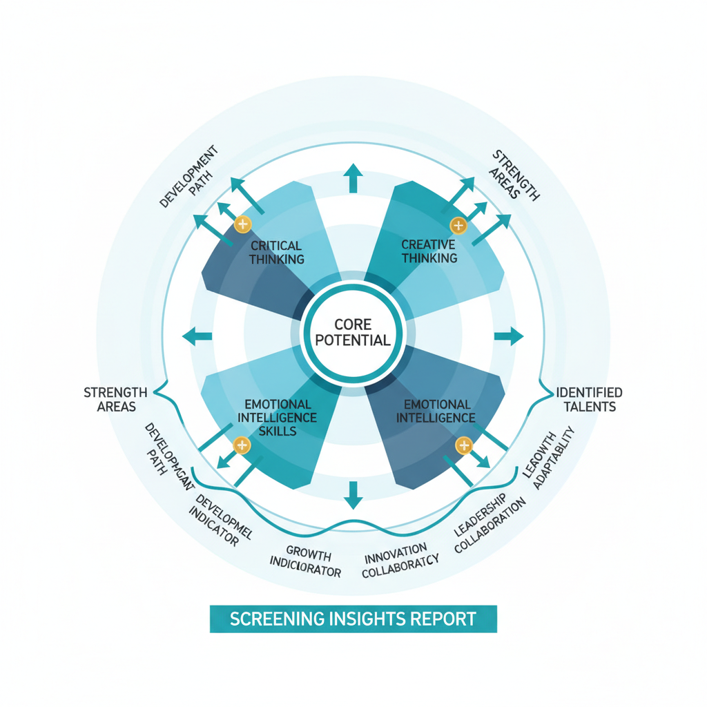 Infographic visualizing how a screening test helps identify individual strengths, depicted as a competency graph with radiating segments indicating different skill areas and growth potential.