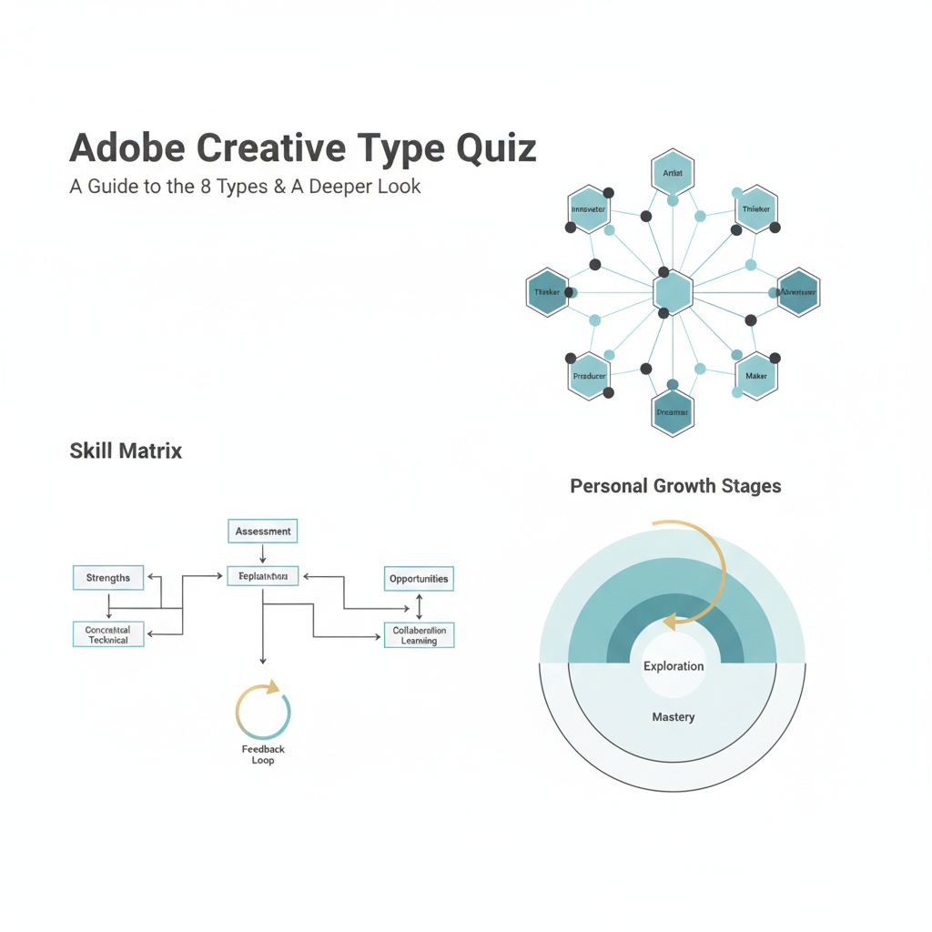 A clean, modern, infographic-style header image for an article titled 'Adobe Creative Type Quiz: A Guide to the 8 Types & A Deeper Look'. It features abstract, interconnected geometric shapes and flowing lines in soft blues, charcoal, and white with subtle gold/teal accents, symbolizing cognitive networks, creative assessment pathways, and personal growth milestones. The design emphasizes clarity, insight, and structured understanding of creative potential.