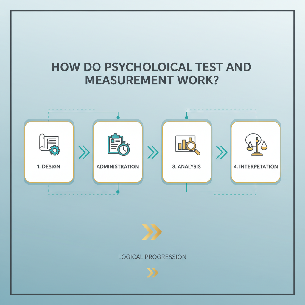 A clean, stepwise process infographic illustrating how psychological tests and measurements work, using geometric shapes and arrows in blues, white, and gold.