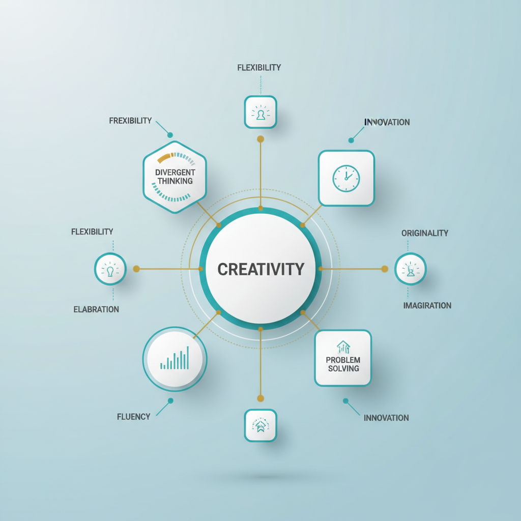 A cognitive network diagram infographic illustrating how a questionnaire measures creativity by mapping interconnected dimensions like divergent thinking, originality, and problem solving.