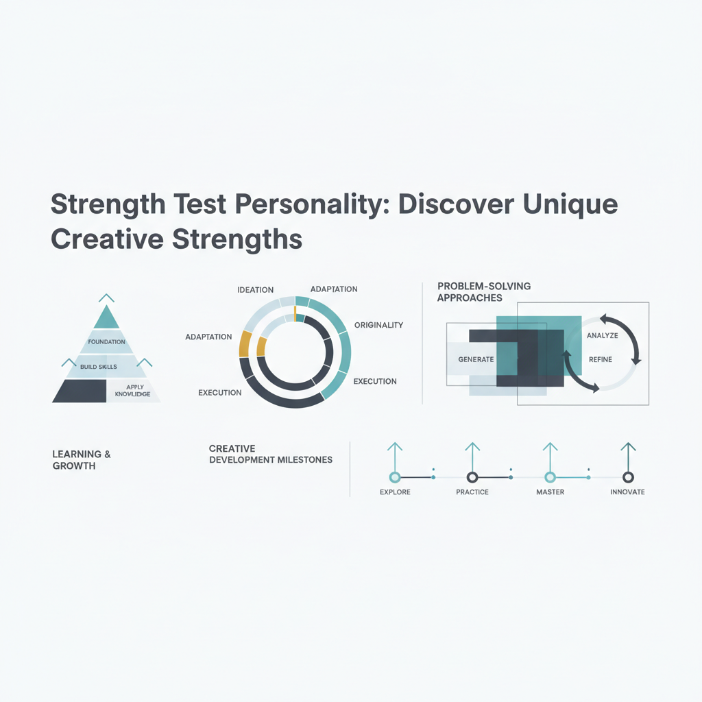 A conceptual, infographic-style header image titled 'Strength Test Personality: Discover Your Unique Creative Strengths'. It features abstract brain maps, skill charts, layered frameworks, and milestone progression visuals with directional arrows, rendered in a modern, minimalist vector style with soft blues, charcoal, white, and subtle gold or teal accents, symbolizing creative assessment and personal growth.