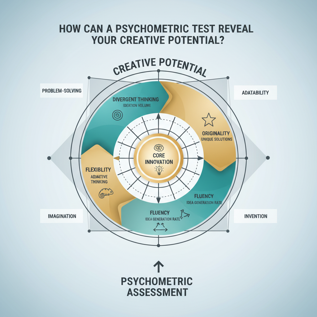 A layered, multi-dimensional assessment chart infographic showing how a psychometric test reveals creative potential across various dimensions like divergent thinking and originality, using geometric shapes and soft colors.