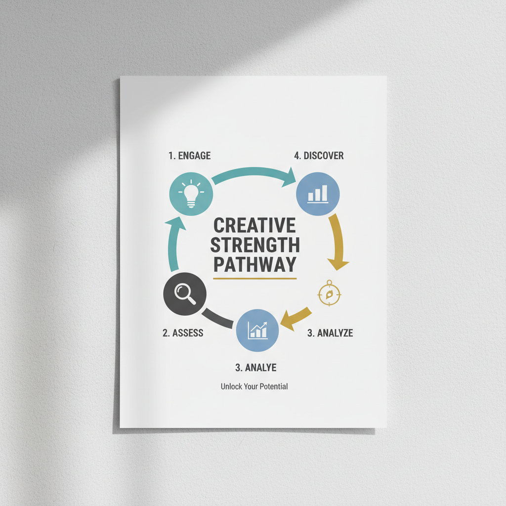 A linear infographic showing three to four distinct steps in the process of how a creative strength test works, represented by geometric icons and arrows.
