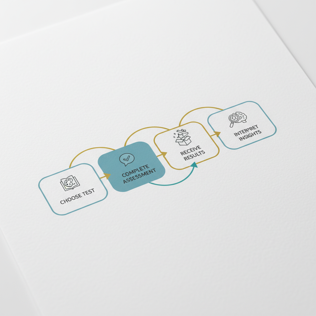 A linear, step-by-step process infographic showing abstract icons for choosing a test, completing an assessment, receiving results, and interpreting insights for taking an online color psychology test.