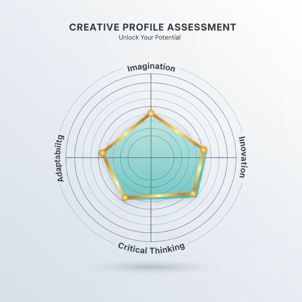 A minimalist, vector-based radial chart infographic displaying a personal creative profile, with different axes representing dimensions like imagination, innovation, and adaptability.