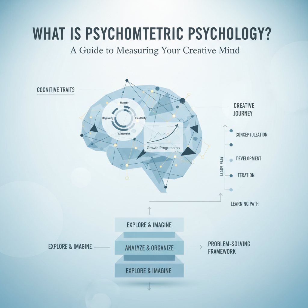 A premium, infographic-style header image for an article on psychometric psychology and measuring creative minds. It features abstract, interconnected geometric shapes representing cognitive maps, skill assessment, and creative development, rendered in soft blues, charcoal, and gold highlights to convey intelligence, clarity, and growth. No human figures or cartoons are present.
