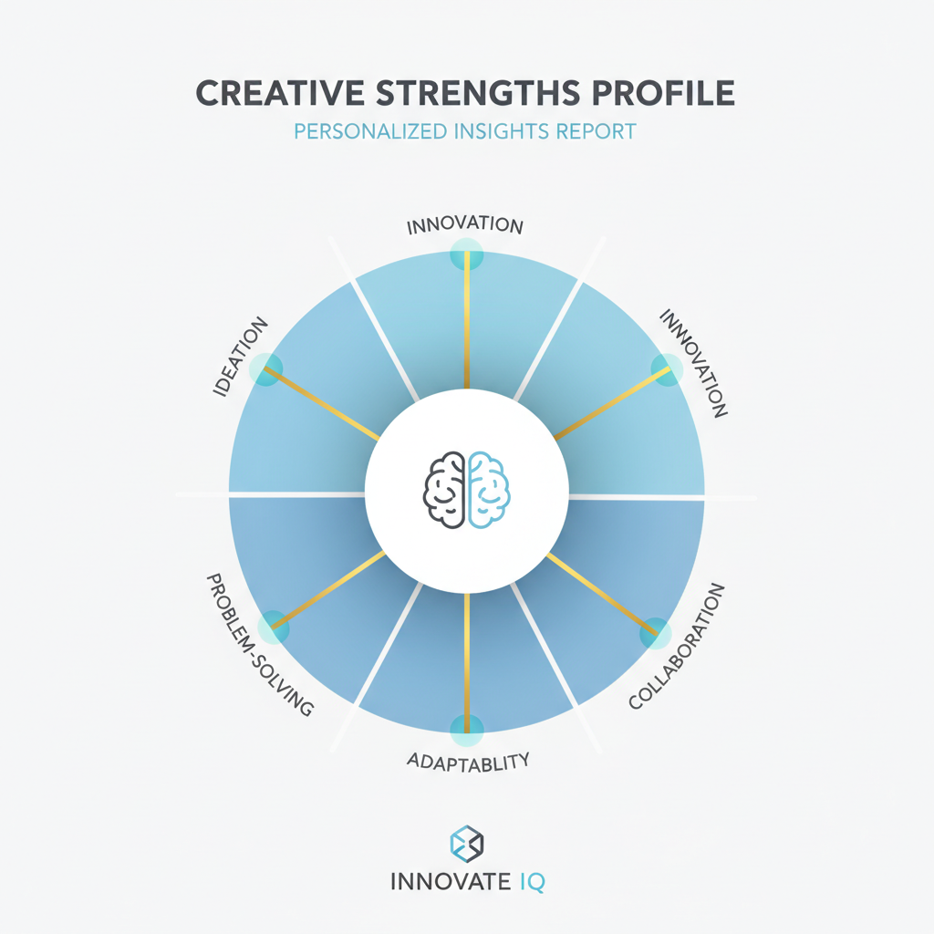 A radial competency chart infographic visually representing personalized creative strength results across different dimensions like ideation and problem-solving.