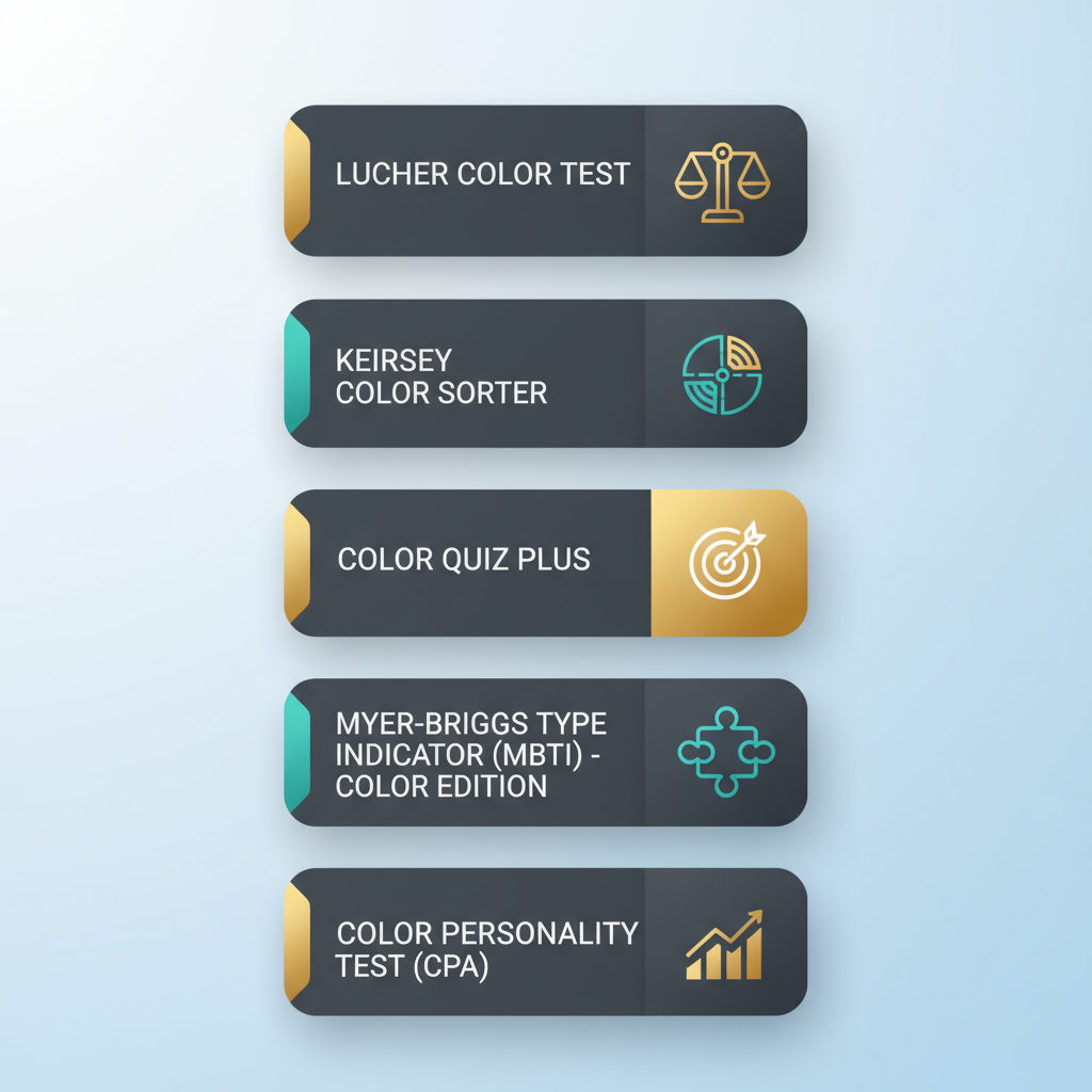 A structured infographic chart with five vertical panels, each representing one of the top online color psychology tests, featuring abstract icons and clear labels for comparison.
