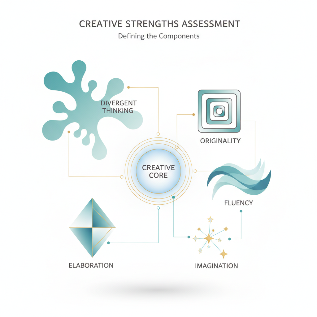 An abstract infographic depicting a central creative personality core surrounded by interconnected geometric shapes, each representing a dimension of creative strength.