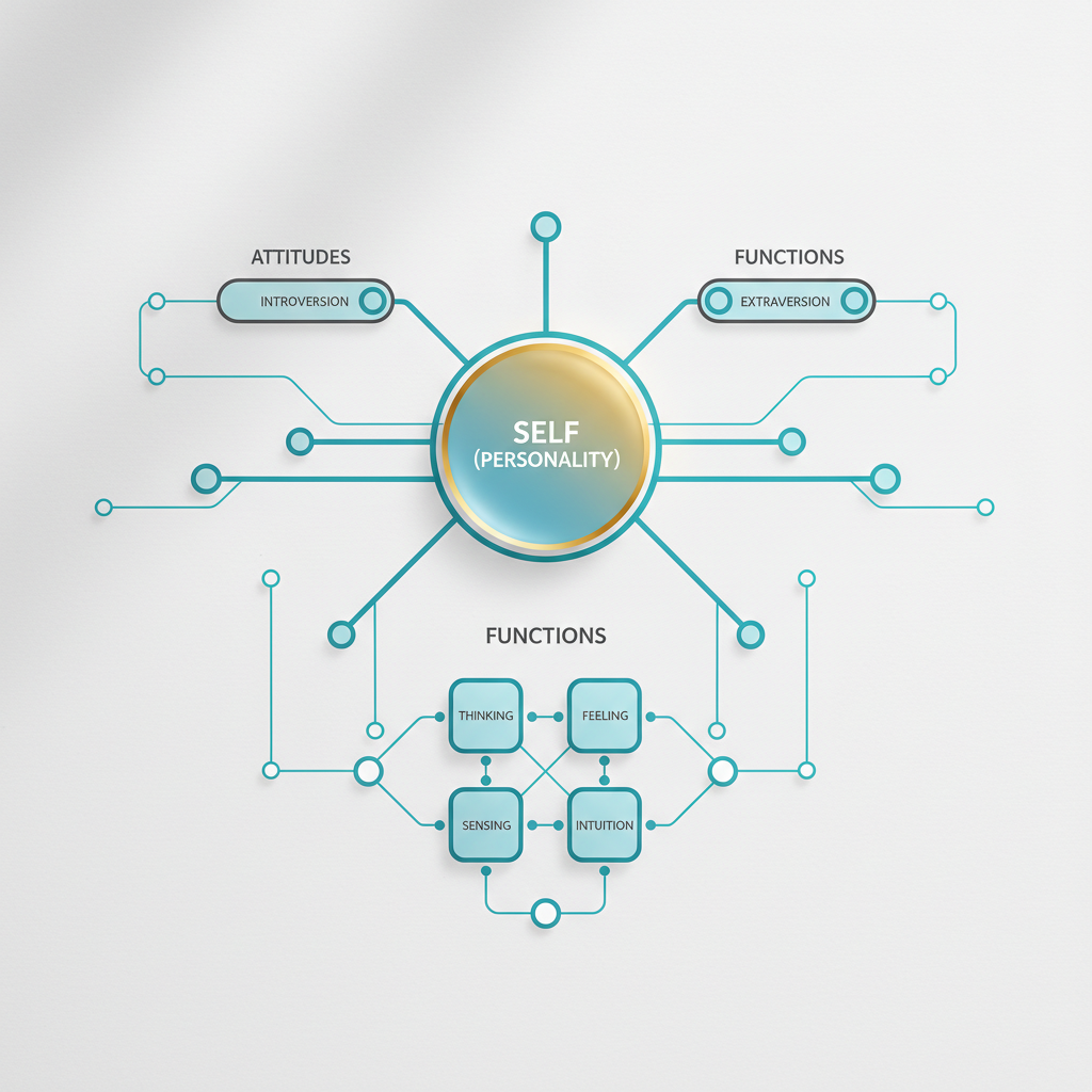 An abstract infographic illustrating the core concepts of a Jungian personality test as an interconnected network of geometric shapes.