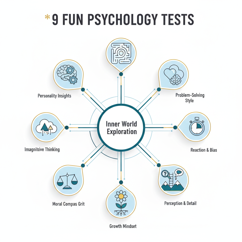 An abstract infographic with a central 'Inner World Exploration' node, branching out into nine distinct pathways, each ending in a unique geometric icon representing a different fun psychology test and its area of insight.