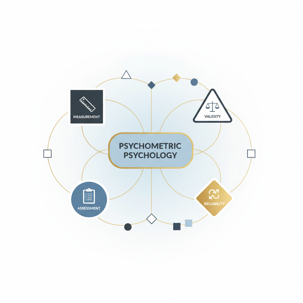 An abstract, interconnected network diagram explaining psychometric psychology concepts with geometric shapes and lines in blue, white, charcoal, and gold.