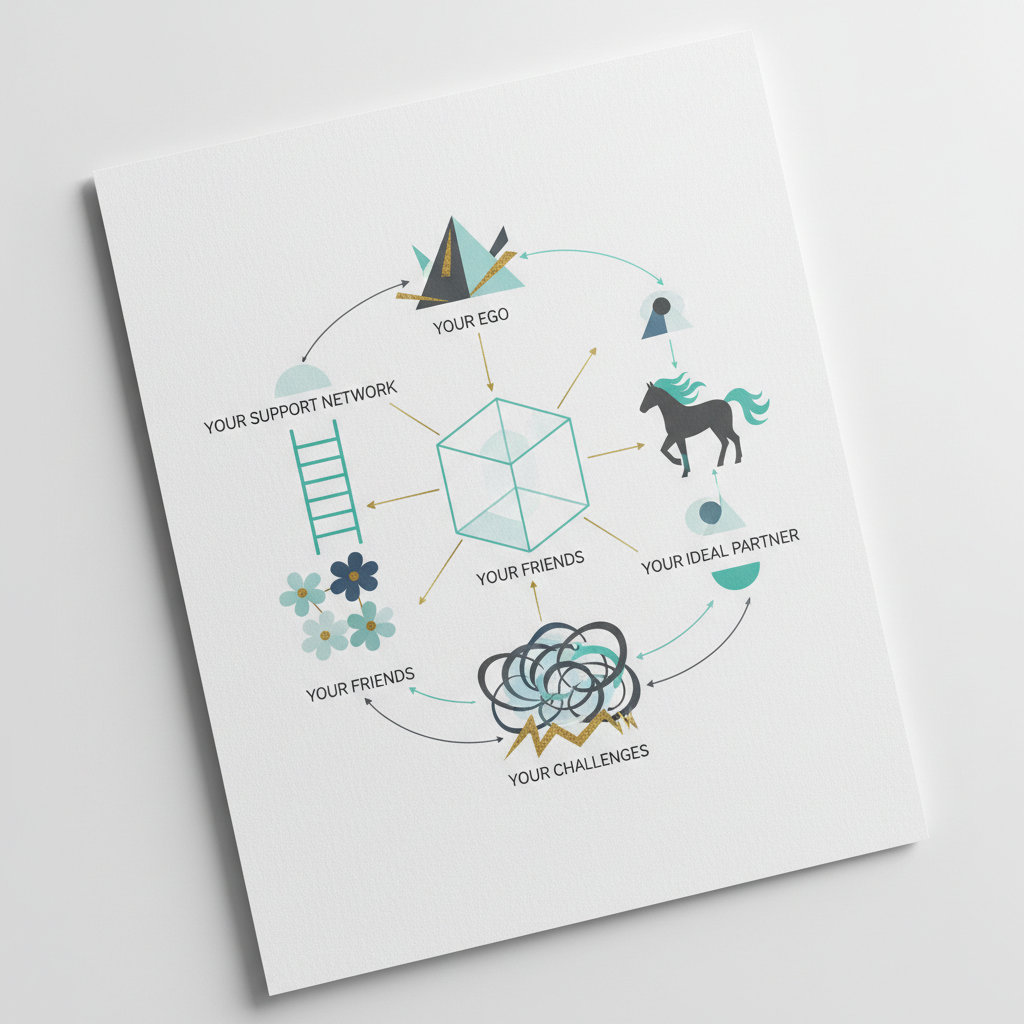 An abstract, minimalist infographic showing a central cube with five geometric shapes around it, connected by lines, symbolizing the components and interpretations of the Cube Psychology Test.