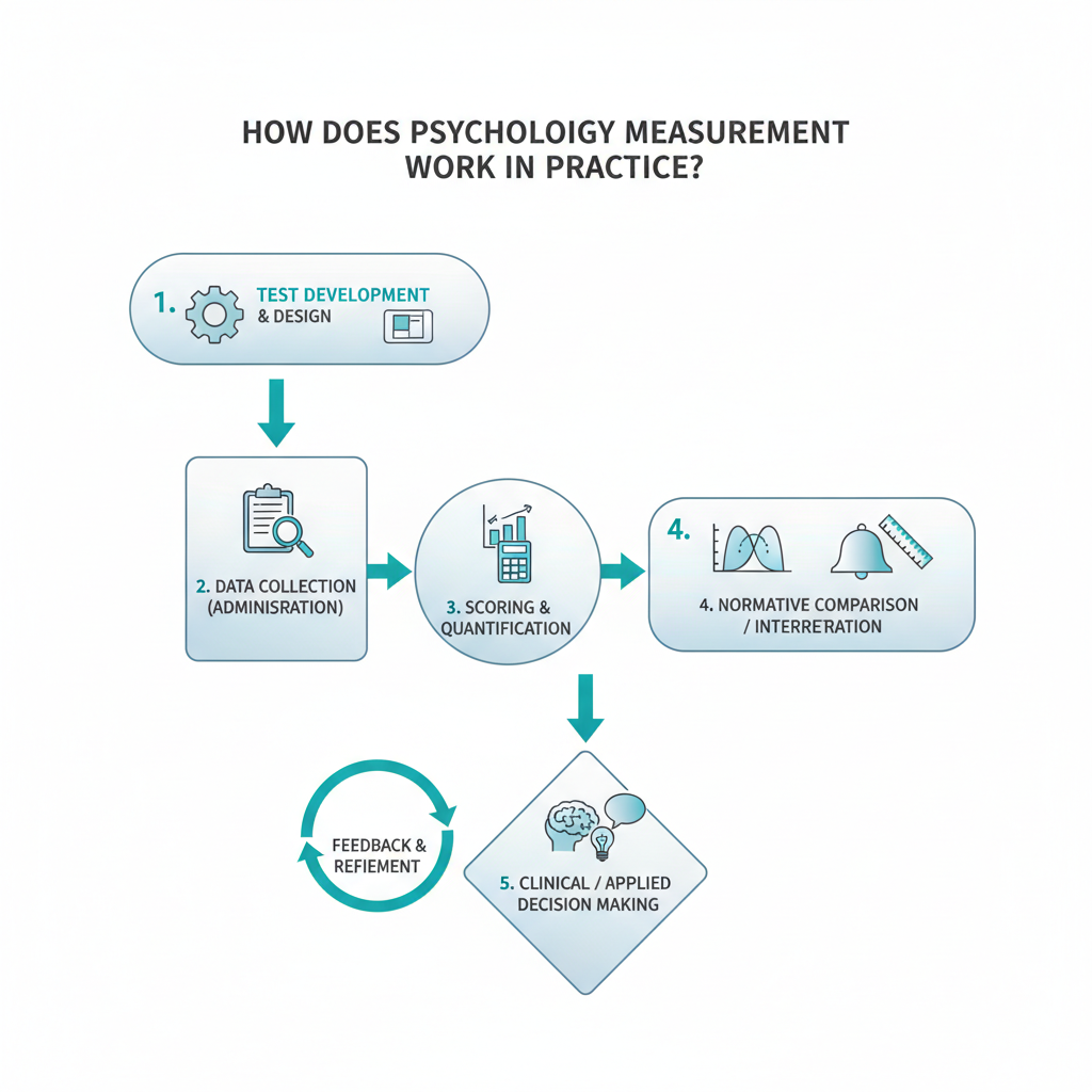 An abstract, minimalist vector infographic depicting a multi-step process for psychological measurement, featuring geometric shapes connected by lines, indicating flow and progression.