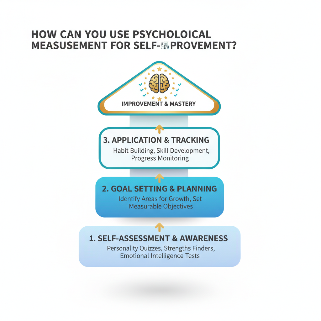 An abstract, minimalist vector infographic illustrating self-improvement through psychological measurement, depicted as a layered system or milestone progression using geometric shapes and subtle gradients.