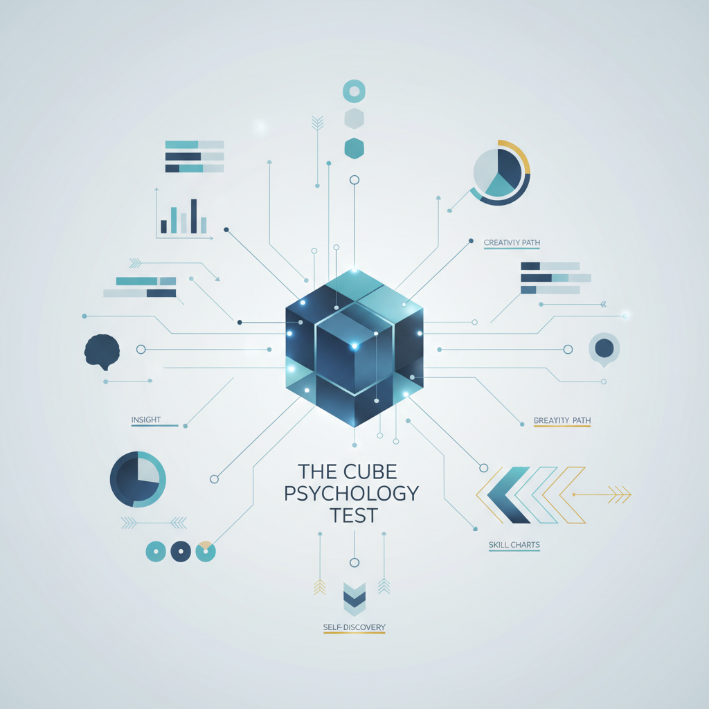 An abstract, modern infographic header image for an article about creativity tests. It features a stylized geometric cube at the center, symbolizing psychological assessment, connected to a network of interconnected nodes and lines representing creative thinking, personal growth, and cognitive pathways. The design uses clean vector graphics, soft blues, charcoal, and gold accents, with ample white space, conveying a sense of clarity and professional insight into self-discovery and creative potential.