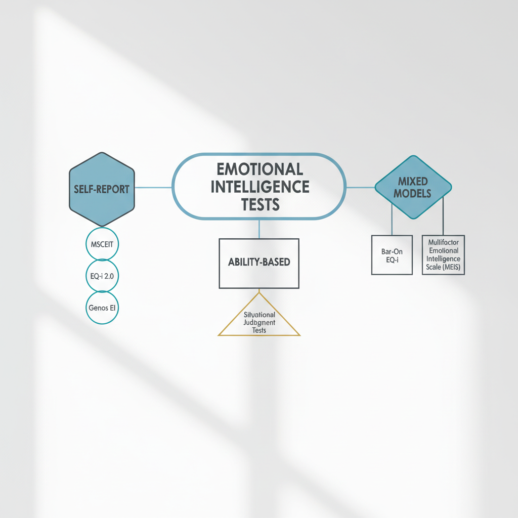 An infographic classifying different types of emotional intelligence tests into distinct categories with examples.