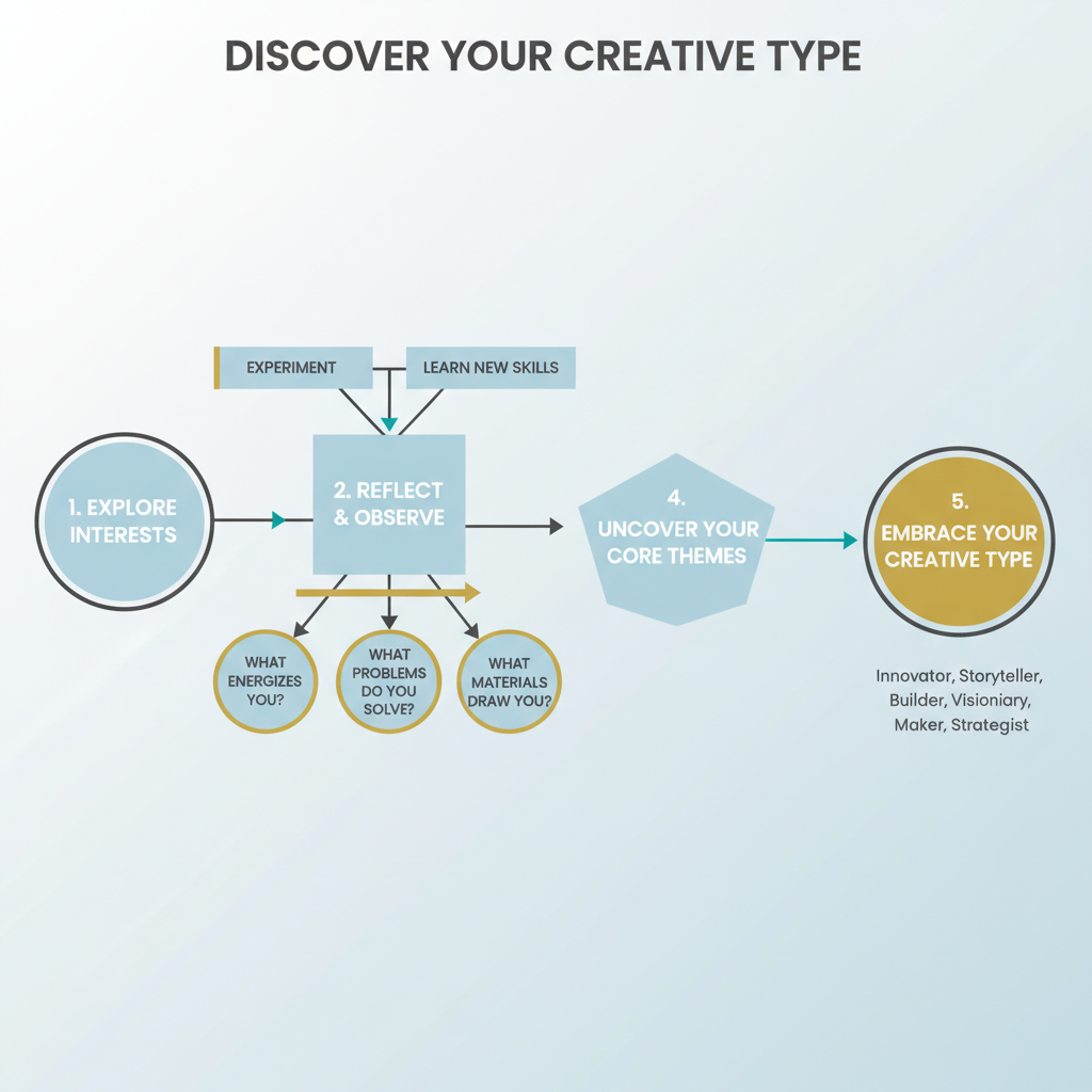 An infographic depicting a clear, step-by-step pathway with geometric shapes, illustrating how to find one's creative type.