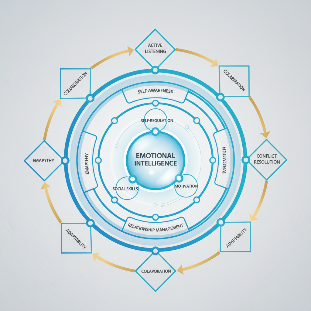 An infographic illustrating practical strategies to improve emotional intelligence as a layered system of interconnected concepts.