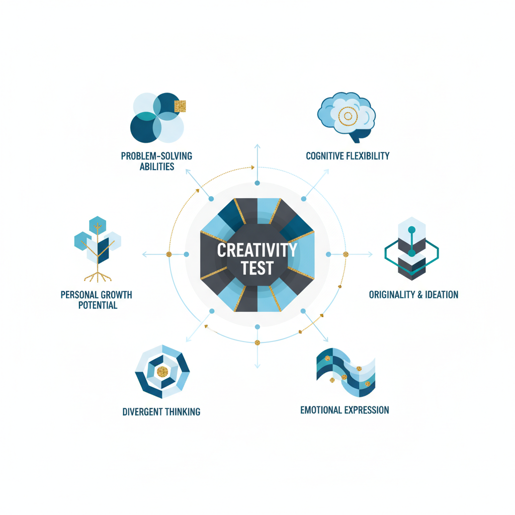 An infographic showing a central abstract node representing 'Creativity Test' connected to several surrounding nodes, illustrating its integration within broader psychological assessment.