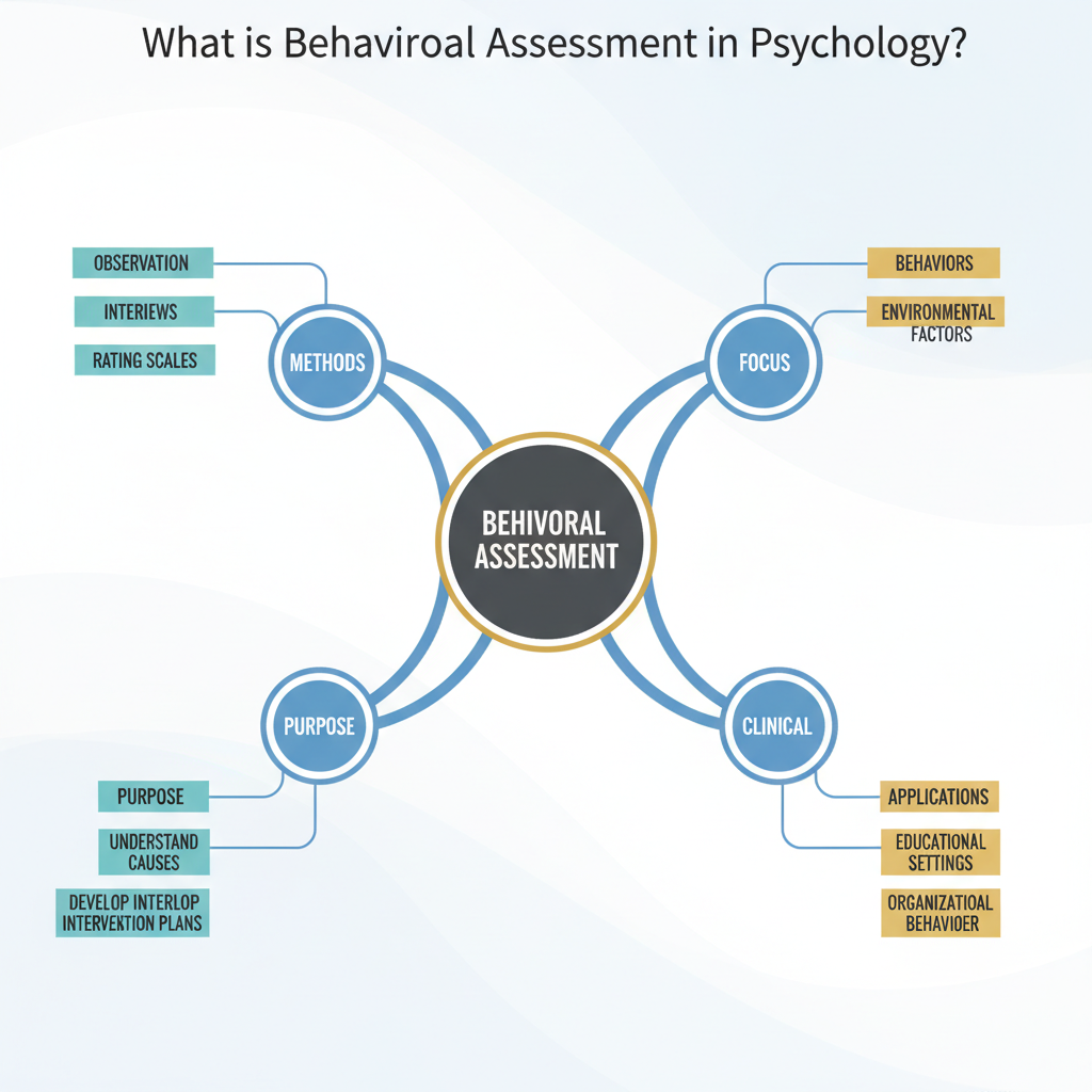 An infographic showing a cognitive network diagram or idea cluster defining behavioral assessment in psychology, with a central concept node and branching attributes.
