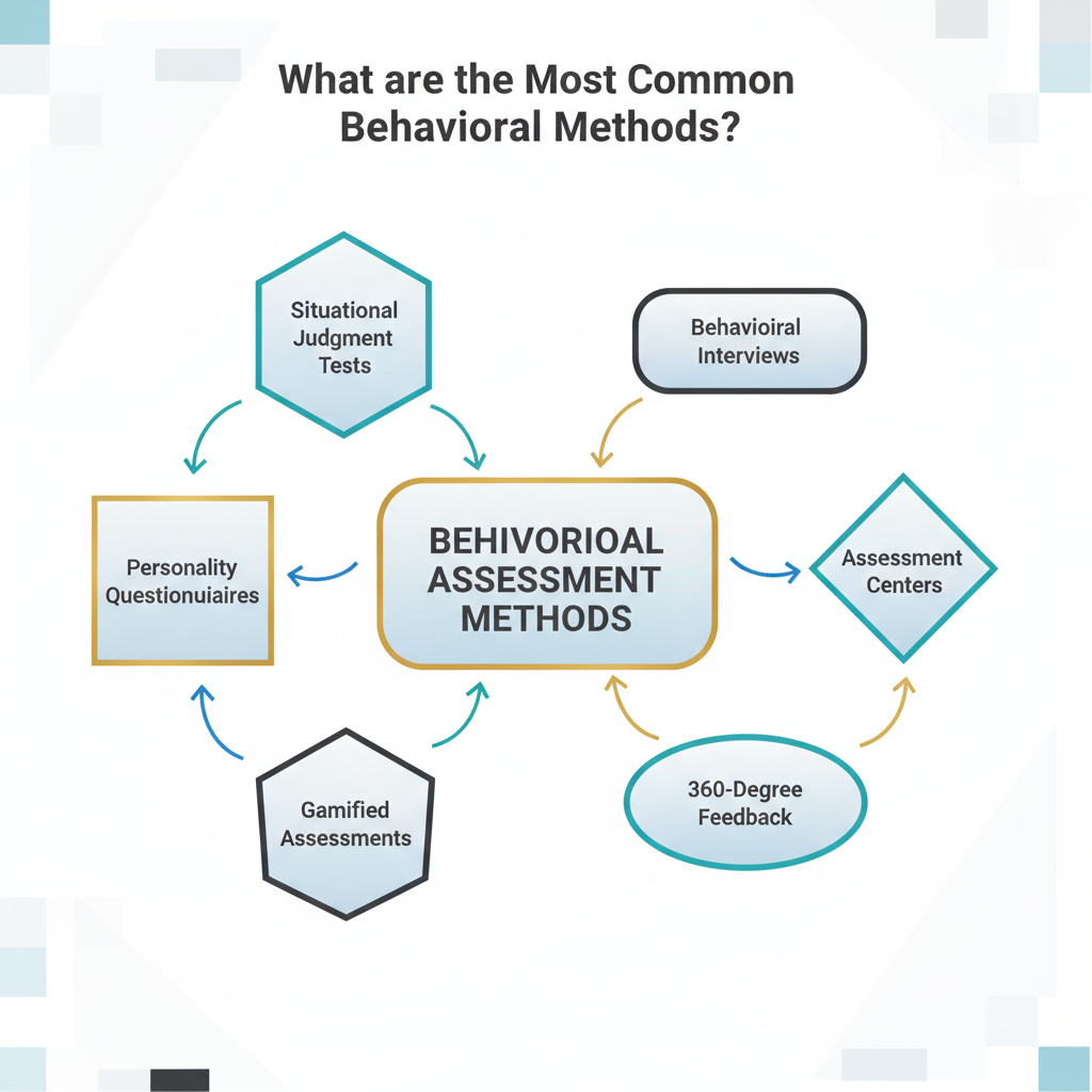 An infographic showing a structured competency map with interconnected modules, each labeled as a common behavioral assessment method.