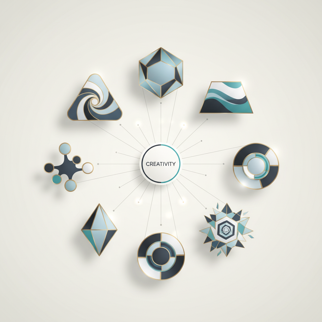 An infographic showing eight abstract geometric shapes, each representing a creative type, connected to a central hub, forming a creative type network.